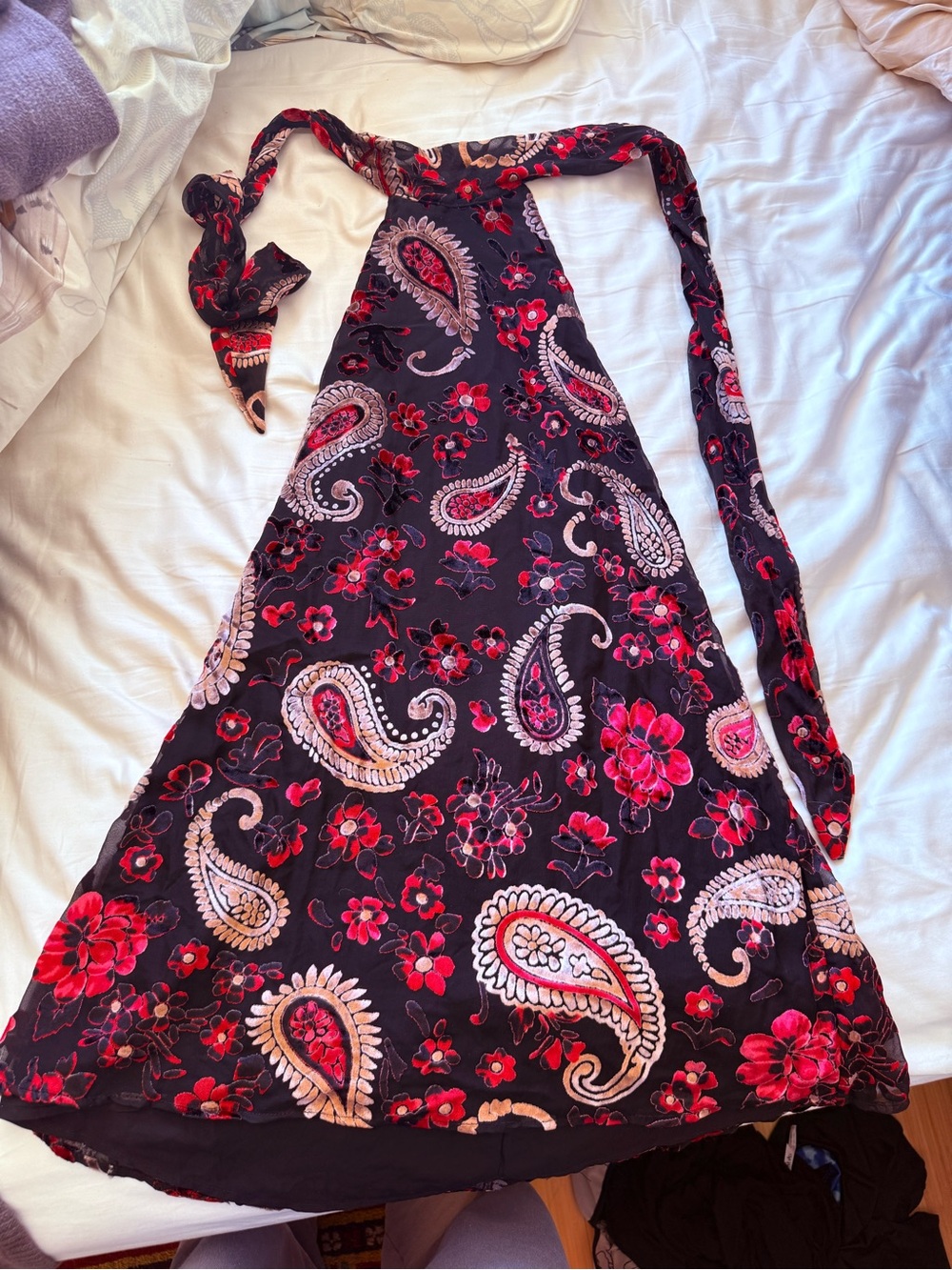 American Threads Black Halter Dress with Pink & Red Paisley Floral Print